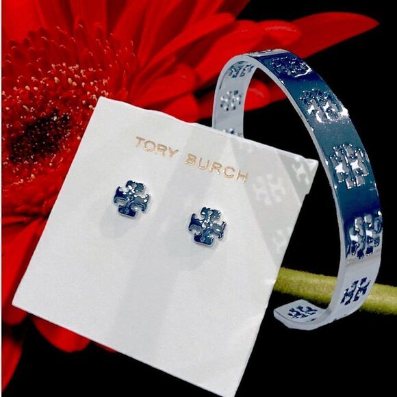 TORY BURCH LOGO HOLLOW BRACELET AND EARRINGS SILVER SET - Picture 1 of 5